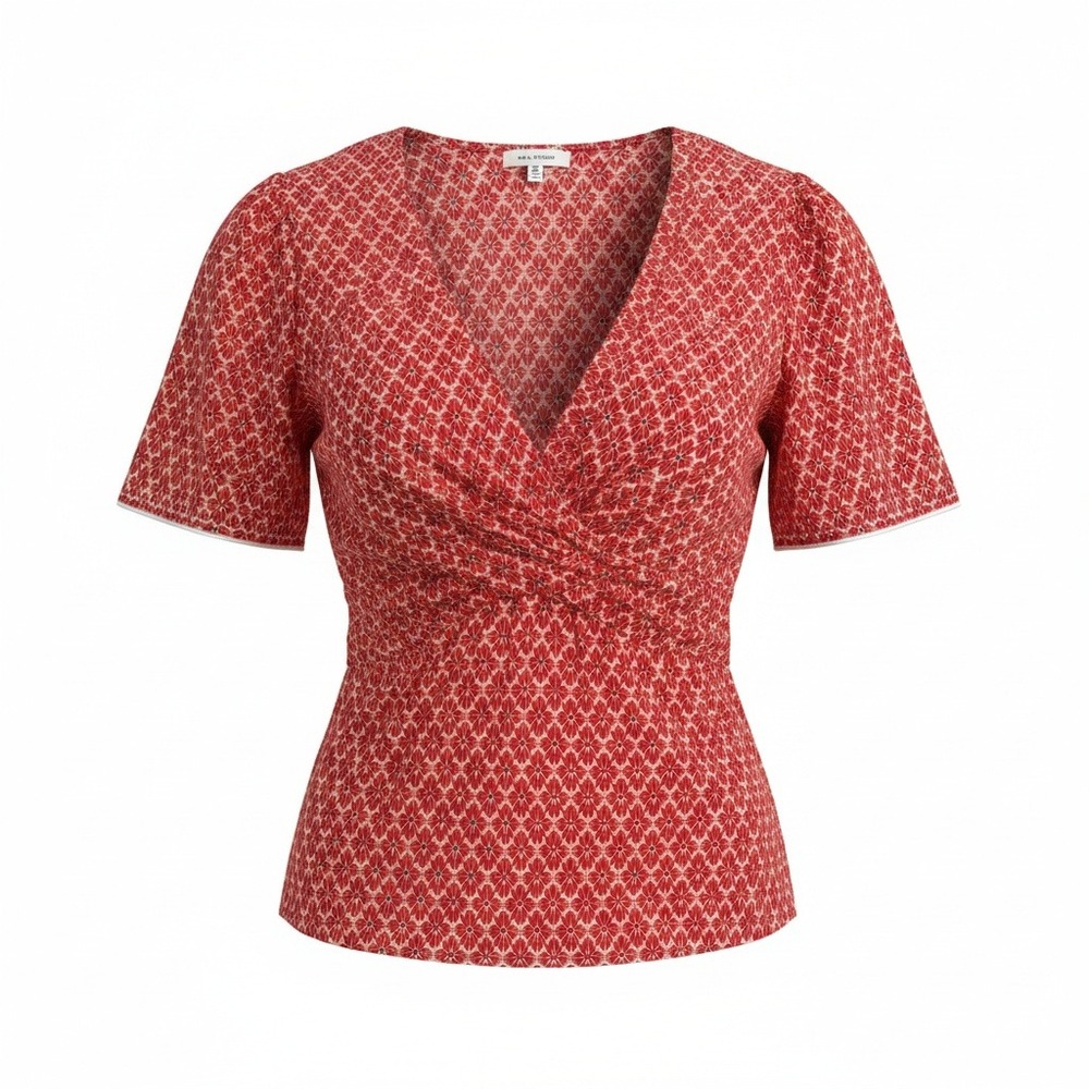 Max Studio Womens M Red Floral Peplum Blouse Twist Front V Neck Short Sleeve